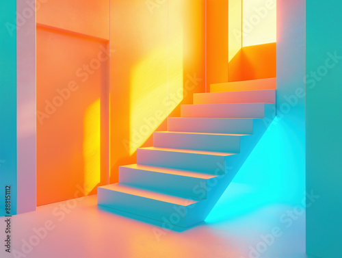 Modern Vibrant Minimalist Interior with Bold Gradient Lighting and Sleek Staircase Design Showcasing Contemporary Architectural Elements


