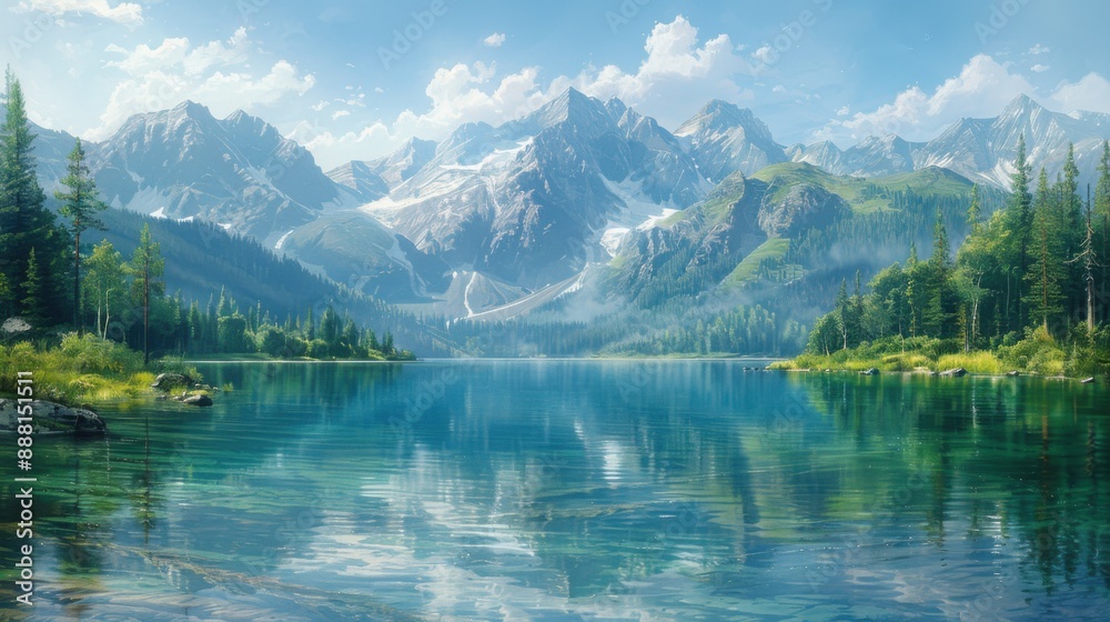 Watercolor landscape of a serene mountain lake surrounded by lush green forests and towering peaks. Watercolor landscape of a serene mountain lake surrounded by lush green forests and towering peaks.
