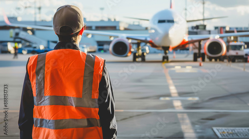 Back of engineer mechanic ground crew worker at the airport looking airplane on runway  - Generative AI.