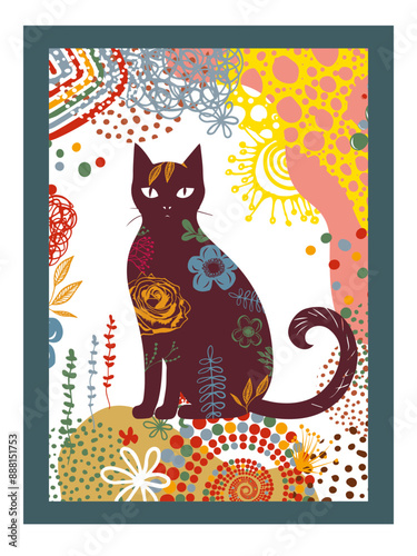 Floral Cat Silhouette, Silhouette of cats made of flowers. hand drawing. Poster for the interior. Postcard for pet lovers. Not AI, Vector illustration