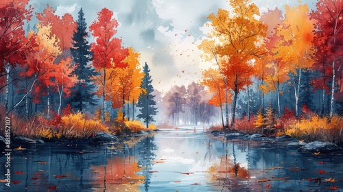 Watercolor painting of a serene autumn forest with vibrant red and yellow foliage by a calm river