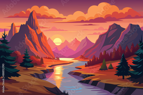 Vector illustration of a river landscape at sunset