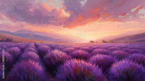 A breathtaking lavender field at sunset with vibrant purple hues, stretching towards the horizon under a colorful sky.