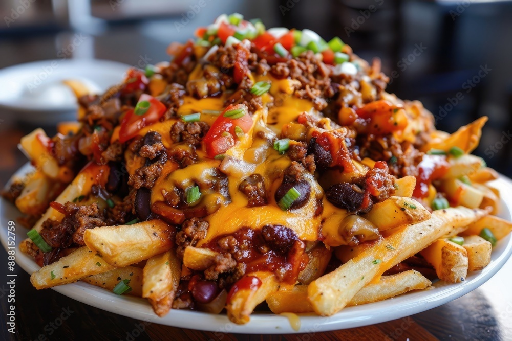 A plate of chili topped with melted cheese, A heap of messy chili cheese fries, AI generated A plate of chili topped with melted cheese, A heap of messy chili cheese fries, AI generated