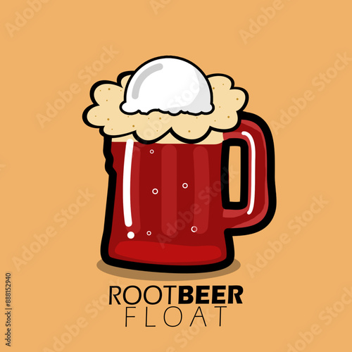 National Root Beer Float Day event drink banner. A glass of root beer topped with vanilla ice cream on light brown background to celebrate on August 6th