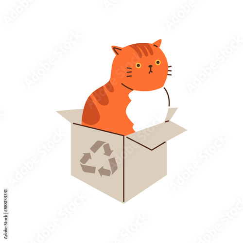Vector illustration depicting a lazy striped orange cat relaxing at ease in a cardboard box
