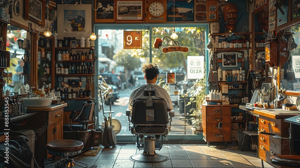 Barber shop room with man cuttin customer Barber shop room with man cuttin customer