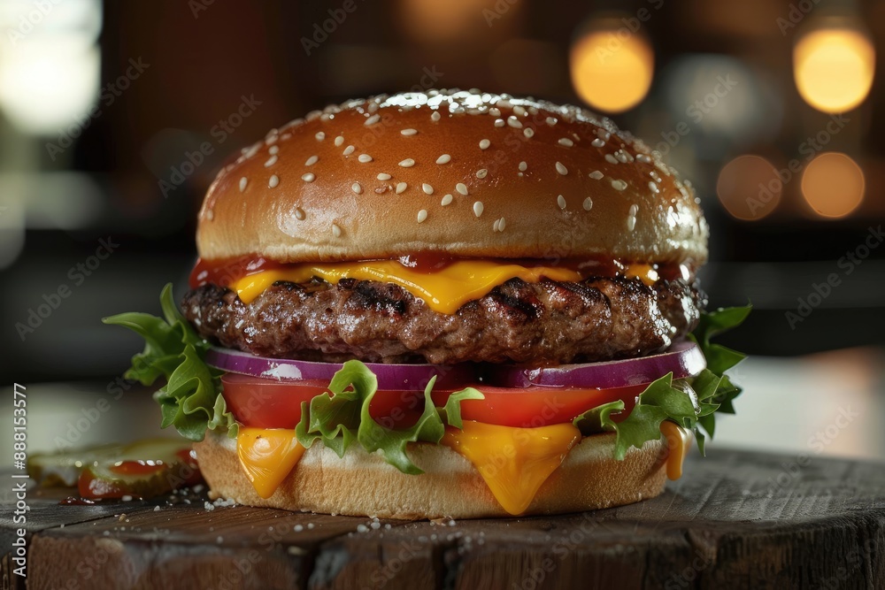 A delicious hamburger with cheese, onions, and tomatoes on a sesame seed bun, A juicy cheeseburger with all the fixings, AI generated A delicious hamburger with cheese, onions, and tomatoes on a sesame seed bun, A juicy cheeseburger with all the fixings, AI generated
