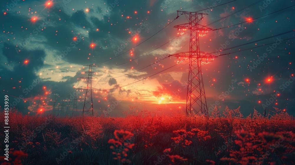 Fototapeta premium High-voltage transmission lines against a dramatic sunset sky.