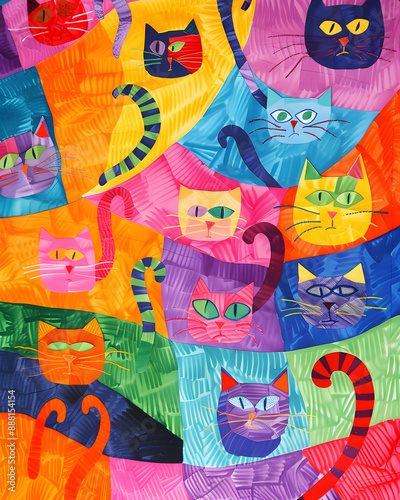 A vibrant and colorful pattern featuring cats , The artwork is in the style of focus stacking and pop art, with high resolution.