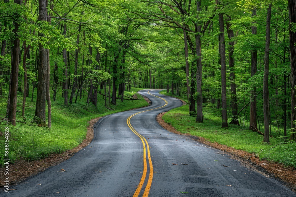 Fototapeta premium Car with new tires driving on a winding forest highway, highlighting the adventure of road trips,The images are of high quality and clarity