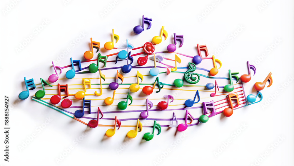 Vibrant music notes in various shapes and colors, elegantly arranged in a creative composition, isolated on a clean white background, conveying musical harmony and joy. Vibrant music notes in various shapes and colors, elegantly arranged in a creative composition, isolated on a clean white background, conveying musical harmony and joy.