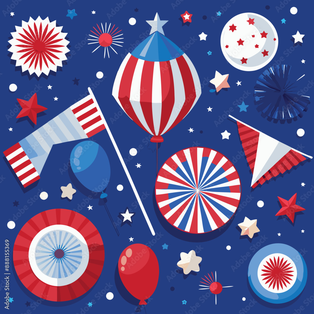 Obraz premium Independence Day poster, banner, foil balloon flyer, paper fan, and confetti for July 4. American flag colors. Minimalism flat lay design.