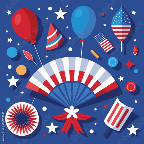 Independence Day poster, banner, foil balloon flyer, paper fan, and confetti for July 4. American flag colors. Minimalism flat lay design.