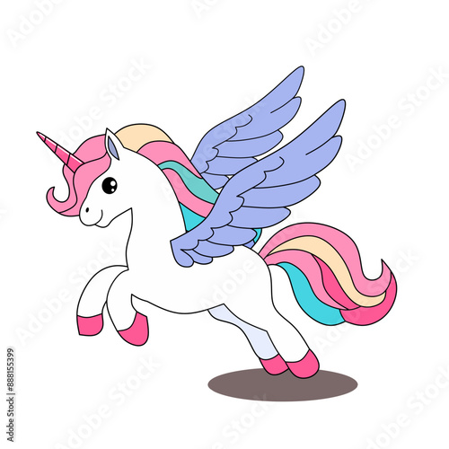 Cute cartoon pegasus with wings and rainbow mane. Vector illustration isolated on white.