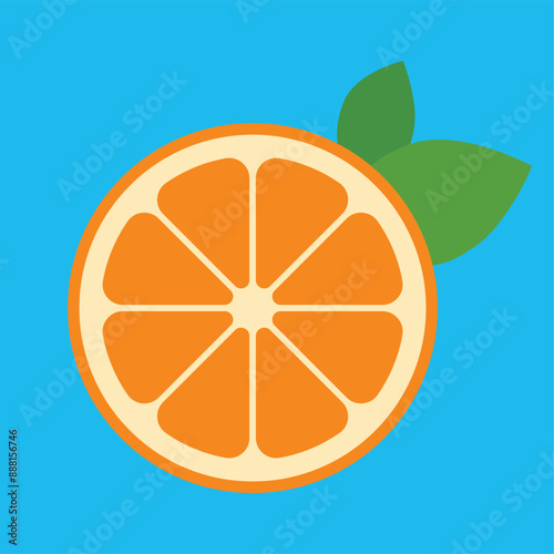 Orange slice with leaves isolated on blue background. Vector illustration. Ideal for decorative poster, emblem natural product, farmers market. Perfect for packaging cosmetics, healthy food concept.