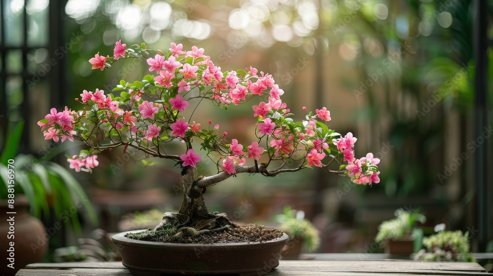 Delicate orchid bonsai tree with pink flowers in a tropical setting Delicate orchid bonsai tree with pink flowers in a tropical setting