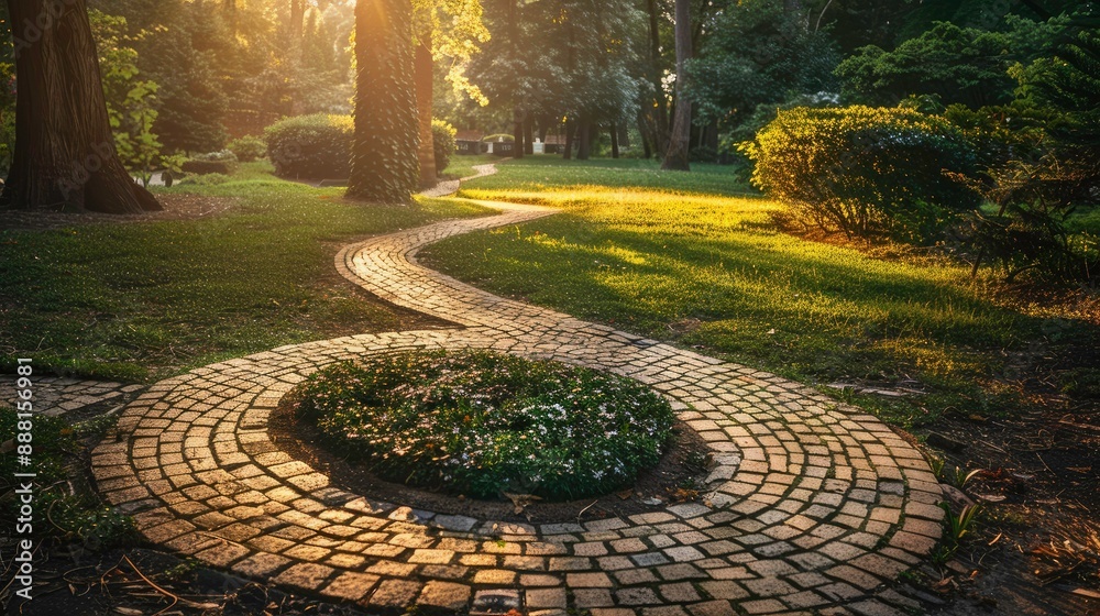 Golden brick circle shaped path in a serene park, great for elegant and tranquil outdoor designs --ar 16:9 Job ID: 7a947fd9-ce40-42b7-8ed7-90e64da5b5ee Golden brick circle shaped path in a serene park, great for elegant and tranquil outdoor designs --ar 16:9 Job ID: 7a947fd9-ce40-42b7-8ed7-90e64da5b5ee
