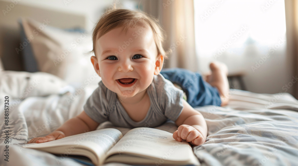 a baby lying on a bed reading a book a baby lying on a bed reading a book