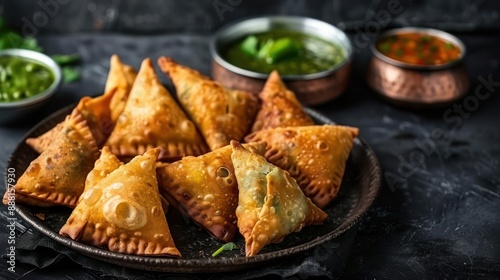 A platter of crispy samosas with tamarind and mint chutneys for dipping