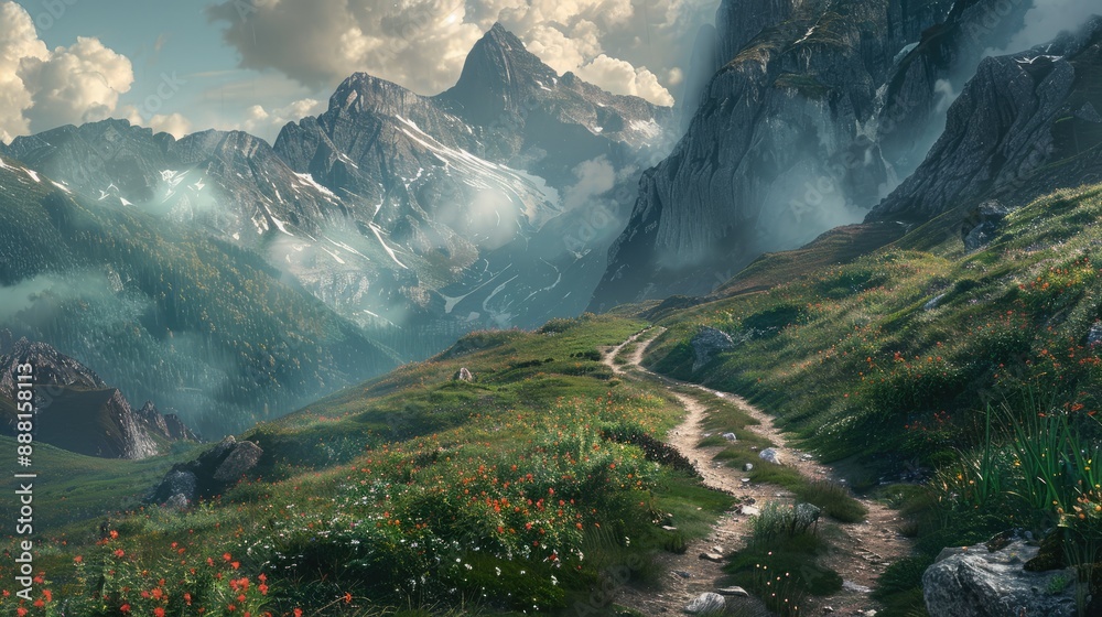 A hiking trail leading through a picturesque mountain landscape