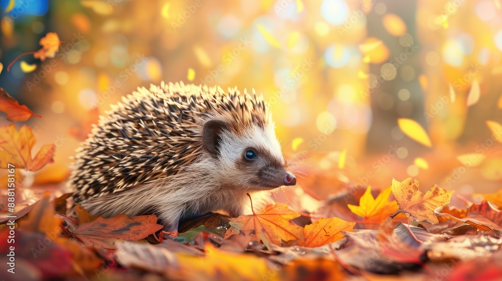 A cute hedgehog sits in autumn leaves against the backdrop of a beautiful autumn landscape. Banner, place for text A cute hedgehog sits in autumn leaves against the backdrop of a beautiful autumn landscape. Banner, place for text