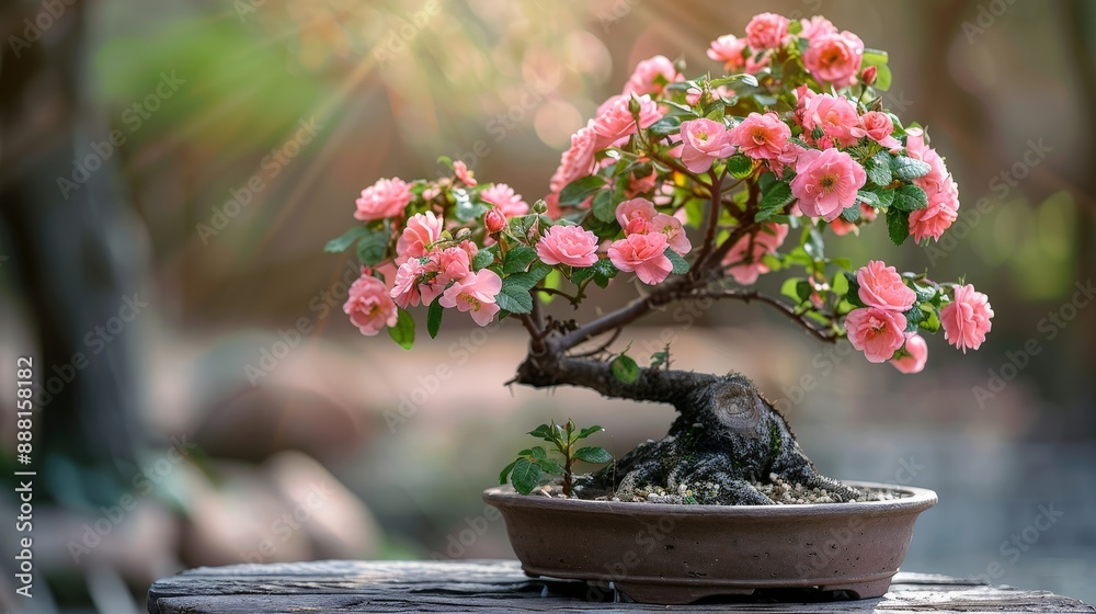 Delicate rose bonsai tree with pink blossoms Delicate rose bonsai tree with pink blossoms