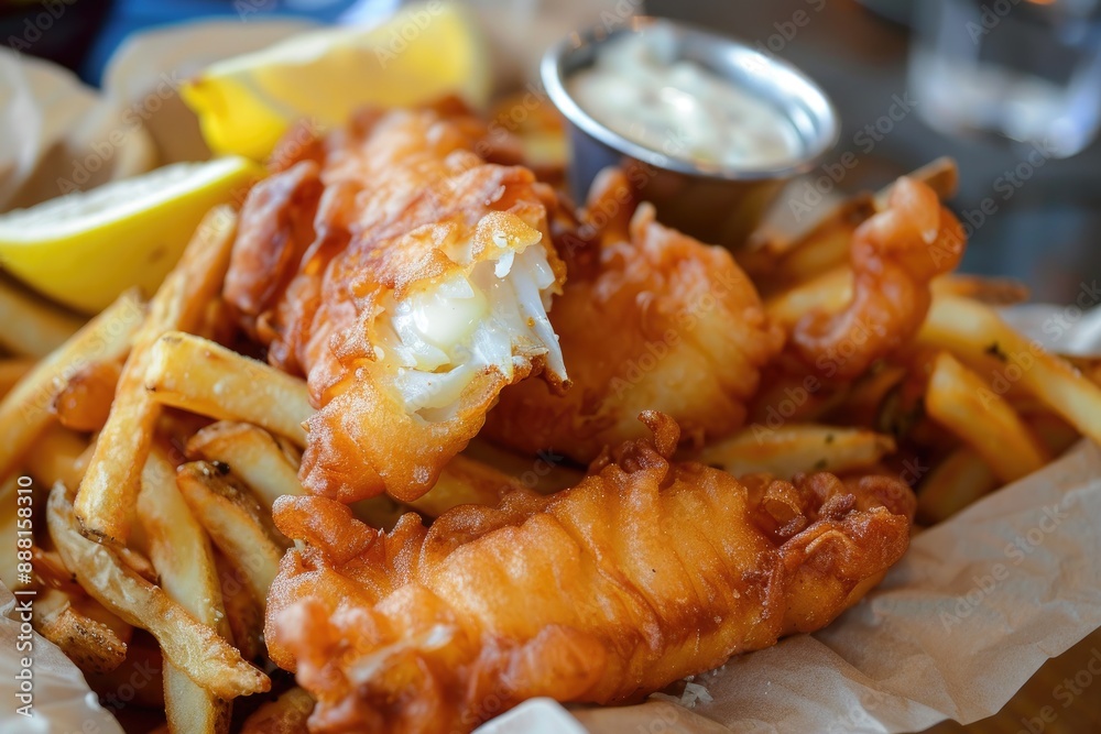 Delicious fish and chips presented in a rustic basket on a table, A mound of crispy fish and chips, AI generated