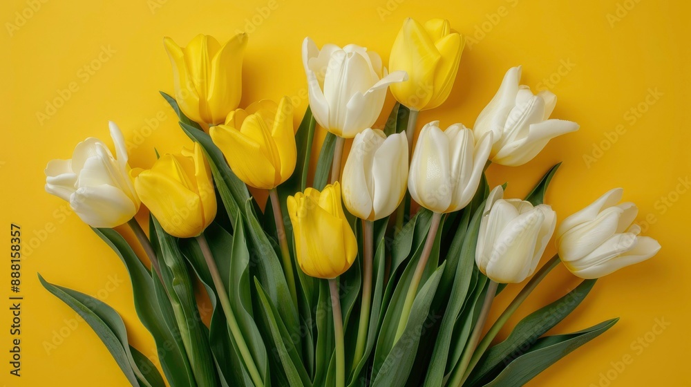 Obraz premium Top view of a delightful bouquet of yellow and white tulips on a sunny yellow background, great for nature-themed visuals