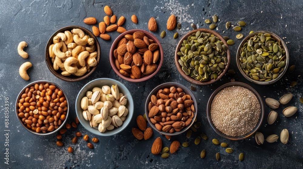 Variety of nuts and seeds in small bowls, healthy snacks, weight loss friendly foods Variety of nuts and seeds in small bowls, healthy snacks, weight loss friendly foods