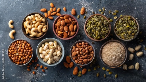 Variety of nuts and seeds in small bowls, healthy snacks, weight loss friendly foods