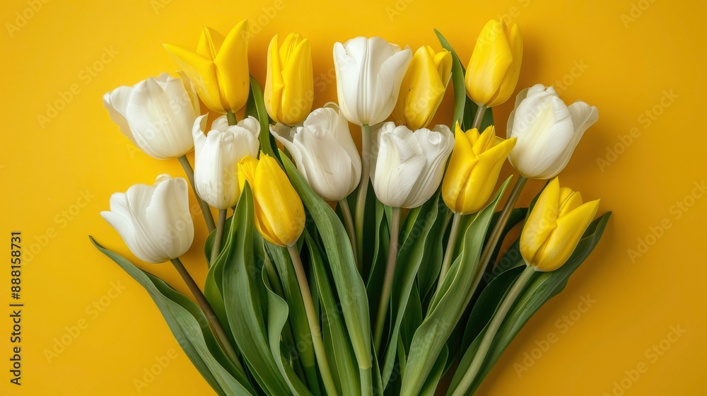 Vibrant bouquet of yellow and white tulips on a yellow background, ideal for floral and nature-themed inspirations Vibrant bouquet of yellow and white tulips on a yellow background, ideal for floral and nature-themed inspirations