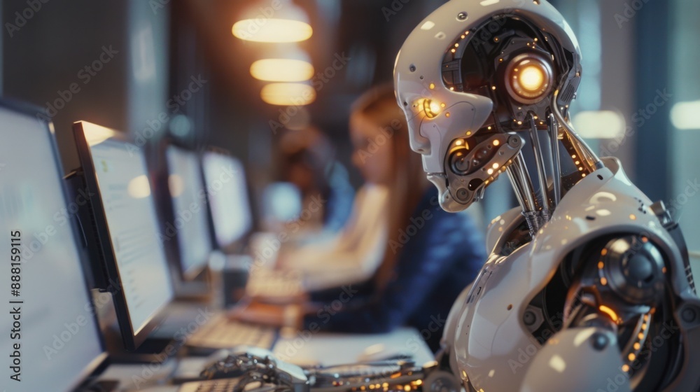 Fototapeta premium A humanoid robot with glowing eyes and metallic skin working at the computer