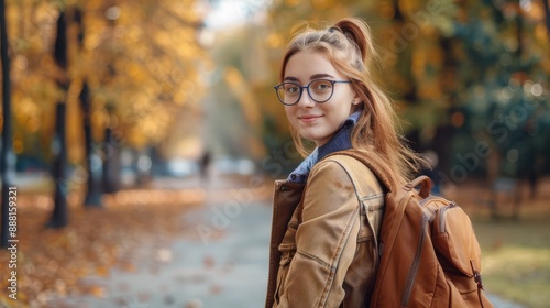 A student girl with a backpack and glasses in the park in autumn © Johannes