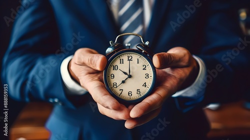 Clock in hand of businessman, Business time management. Concept of saving time