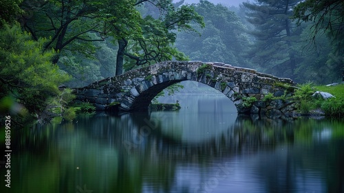 Historic stone bridge over a serene lake