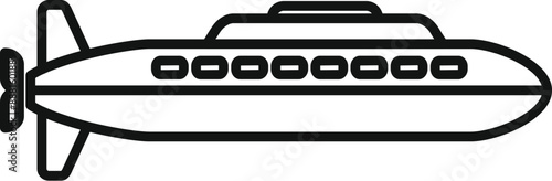 Black and white line drawing of a military submarine traveling on the surface of the water