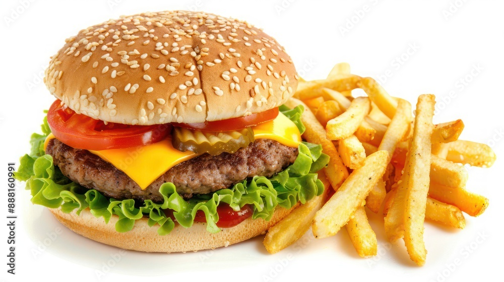 A classic burger with cheese, lettuce, tomato, and pickles, served with fries A classic burger with cheese, lettuce, tomato, and pickles, served with fries
