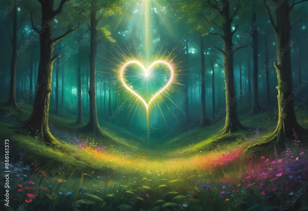 Obraz premium A dark green forest meadow with a colorful heart radiating light beams, magic lights, oil paint