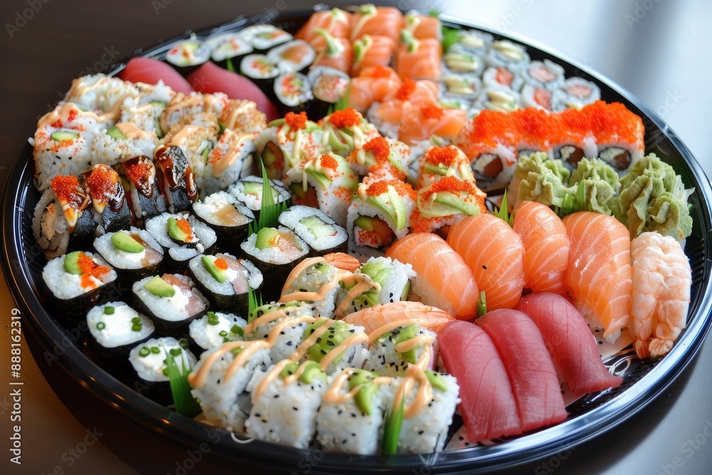 A selection of sushi rolls, featuring tuna, salmon, and shrimp, on a plate A selection of sushi rolls, featuring tuna, salmon, and shrimp, on a plate