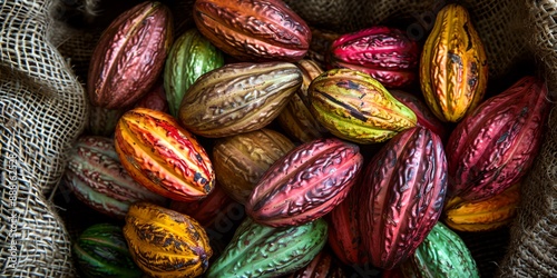 A bunch of colorful cacao beans are piled in a brown cloth. The beans are of different colors, including red, yellow, and green. Concept of abundance and variety