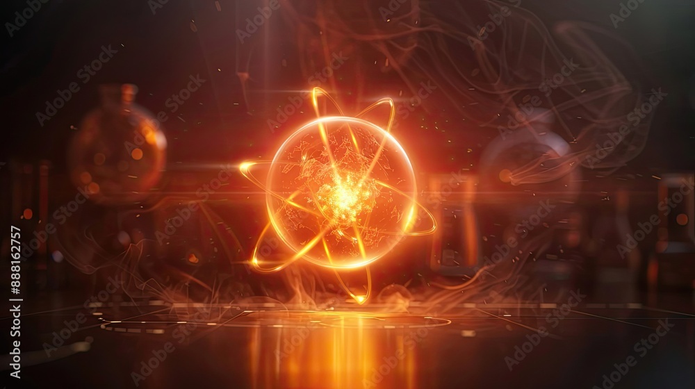 Glowing atomic symbol in dark science lab setting with swirling light ...