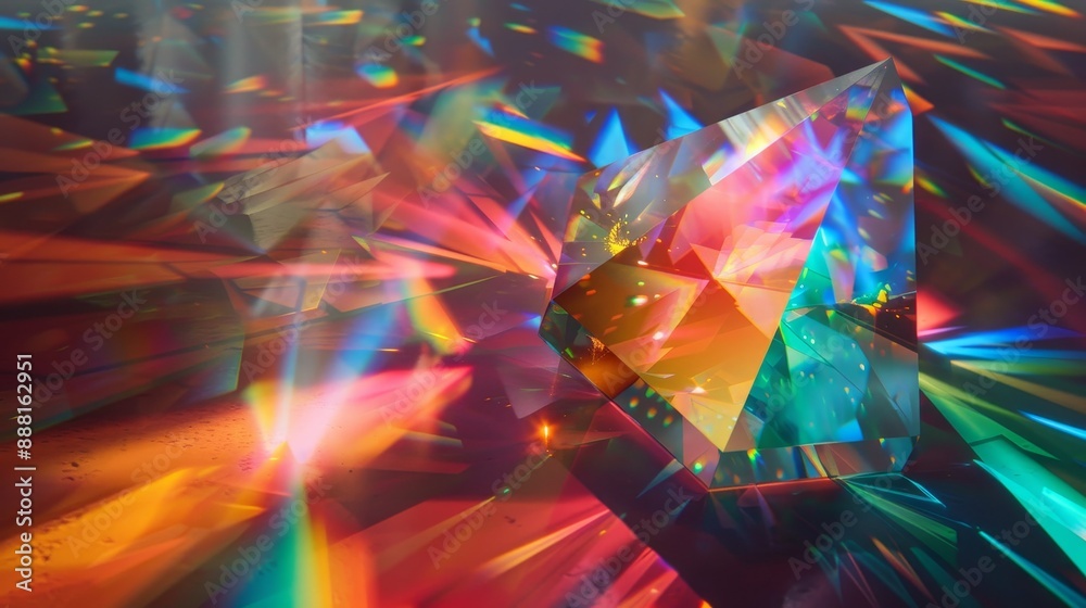 A glowing crystal prism reflecting bright light, producing a stunning background of colors A glowing crystal prism reflecting bright light, producing a stunning background of colors