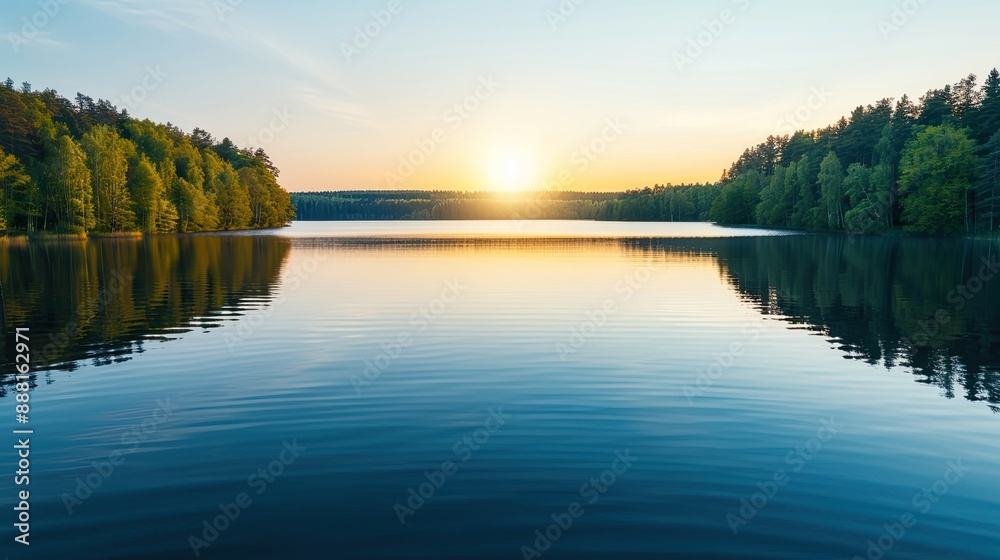 Serene lake at sunrise surrounded by lush forests, reflecting a golden sky with tranquil waters, perfect for nature and landscape photography. Serene lake at sunrise surrounded by lush forests, reflecting a golden sky with tranquil waters, perfect for nature and landscape photography.