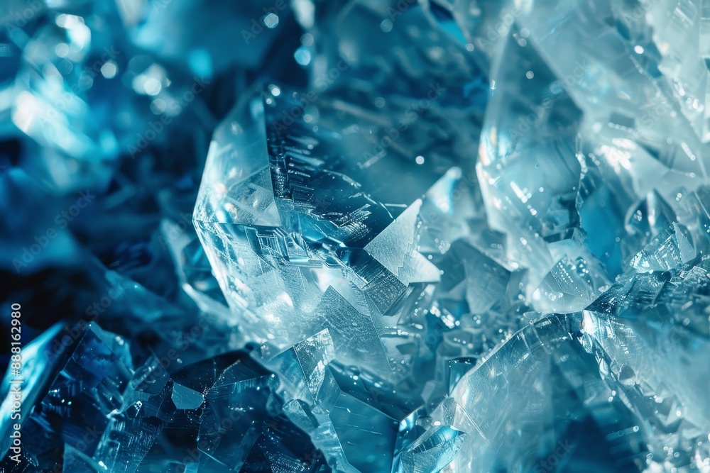 Glacial Elegance - Close-up of Mesmerizing Crystal Surface with Intricate Textures and Cool Blue Tones Glacial Elegance - Close-up of Mesmerizing Crystal Surface with Intricate Textures and Cool Blue Tones