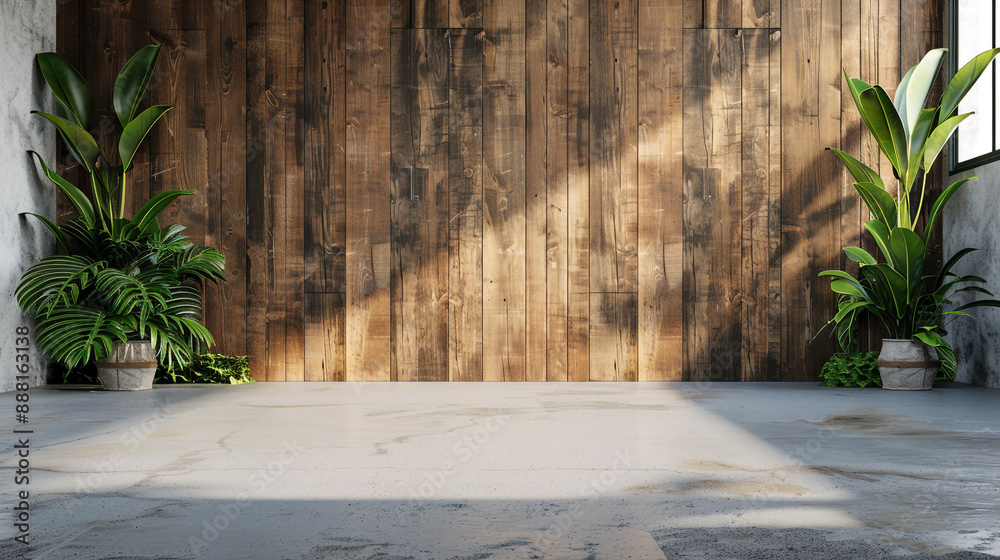Empty room with wooden wall in spacious eco style interior Empty room with wooden wall in spacious eco style interior