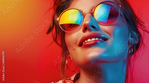 Cheerful girl in summer glasses: colorful portrait on a red background