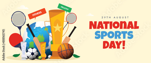 National sports day. 29th August National Sports day celebration cover banner with big golden trophy , sports items: basketball, football, rackets, tennis racket. Conceptual banner template for games.