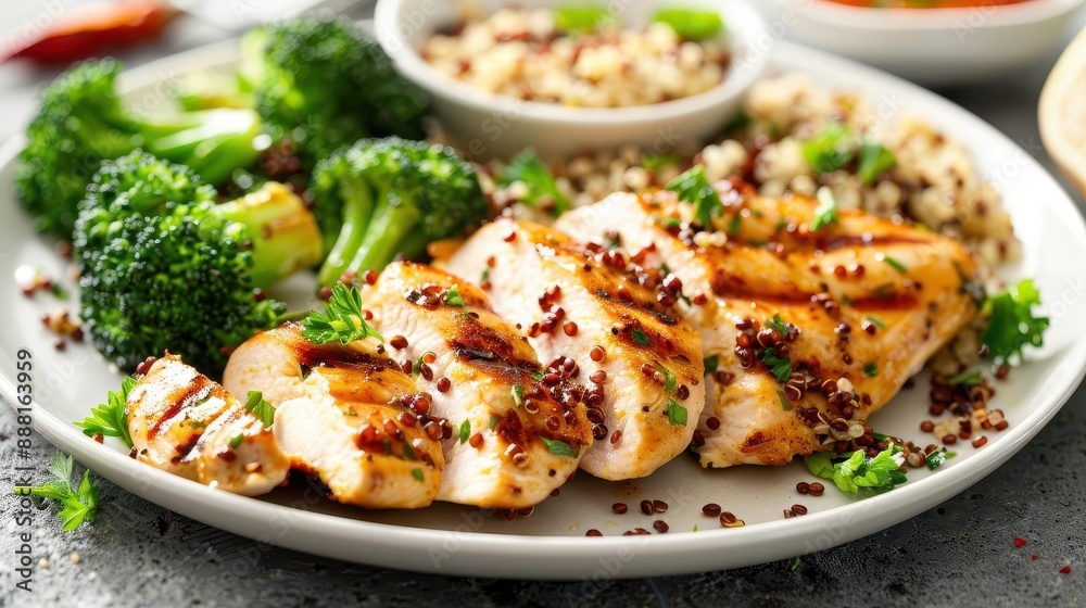 Grilled chicken with quinoa and steamed broccoli, balanced meal, healthy dinner Grilled chicken with quinoa and steamed broccoli, balanced meal, healthy dinner