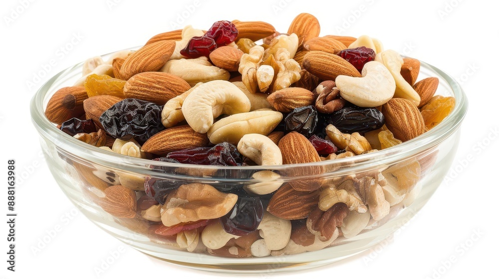 Mixed nuts and dried fruits in a bowl, energyboosting snack, healthy treat Mixed nuts and dried fruits in a bowl, energyboosting snack, healthy treat